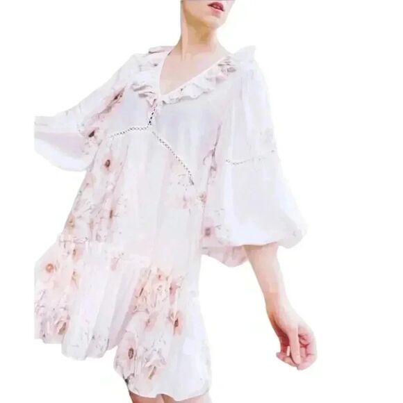 𝅺H&M Women's Flounced White Floral Summer Oversized V-Neck Dress EUC sz 8 - Picture 1 of 12